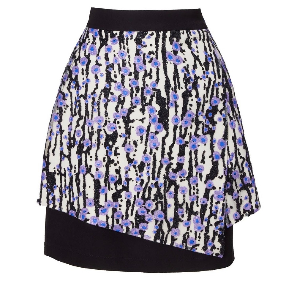 Julia Allert Womens Sequin Layered Mini Skirt Purple Abstract Size L NEW $478